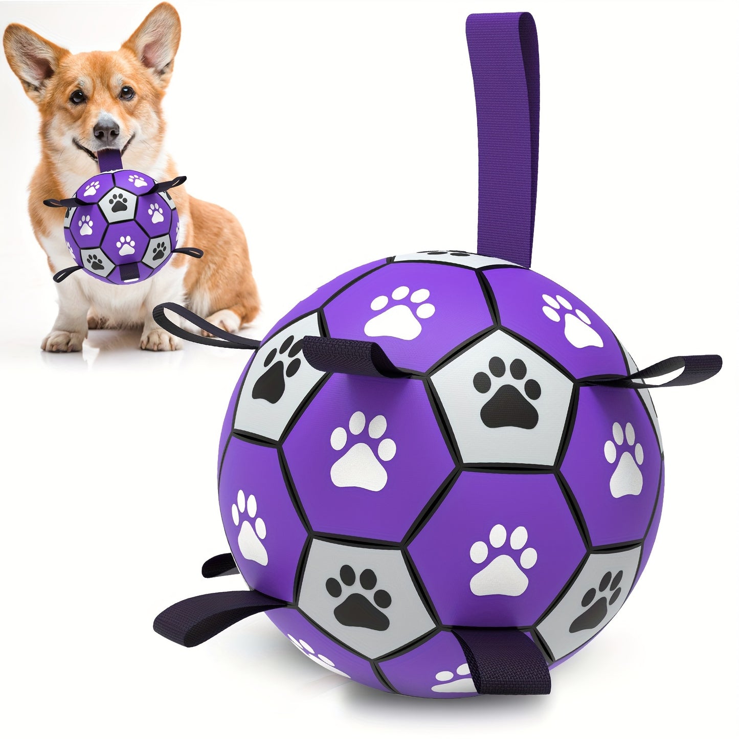 Durable Rubber Dog Soccer Ball with Straps - Interactive Chew-Resistant Pet Toy for All Breed Sizes, Purple & Black with Paw Print Design, Indoor/Outdoor Play & Training, Dog Ball Toy, Large Surface Area