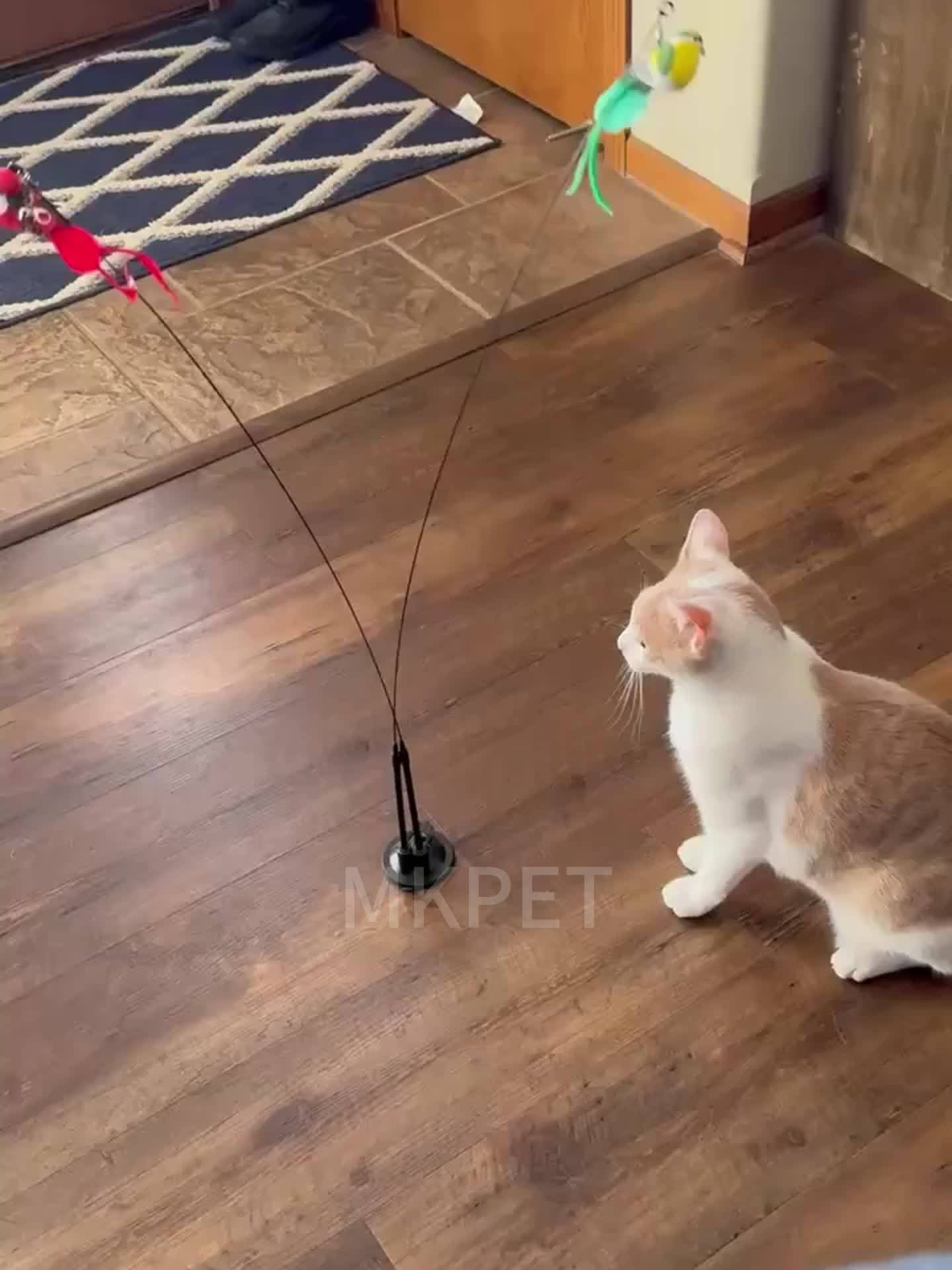 Cartoon Patterned Interactive Cat Toy Set - Polyester Artificial Feathers, Long Rod, Bell | No Battery, Uncharged, Strong Adhesive Base for Fun Play