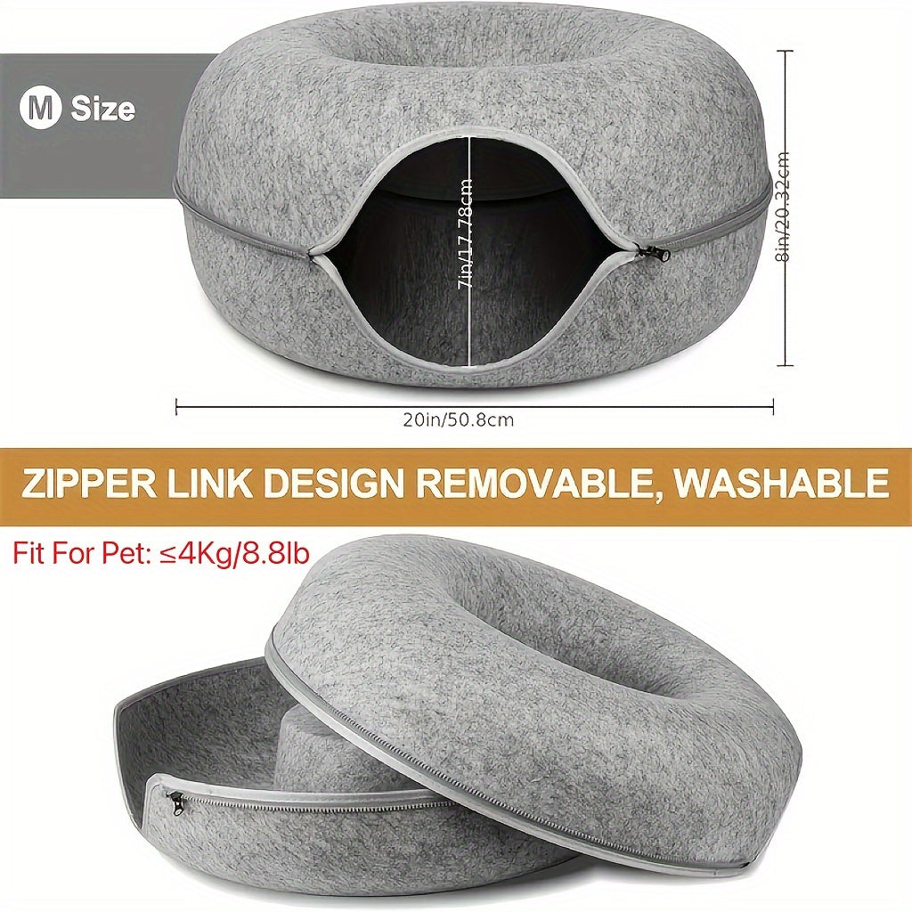 Cozy Donut-Shaped Cat Bed with Interactive Felt Tunnel – Soft Canvas Play and Training Toy for Small to Medium Cats, Ferrets, and Rabbits, Dual-Purpose Comfortable Hideaway in Gray or Multiple Colors, Kitten Bed