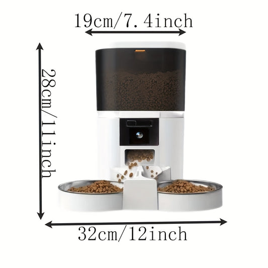 Smart Pet Feeder, Stainless Steel Dual Bowl for 2 Pets, Video Cat Automatic Feeder with Camera, Suitable for Small and Medium Cats and Dogs, 5V-USB Powered, Automatic Cat Food Dispenser, Automatic Cat Food Feeder, Automatic C