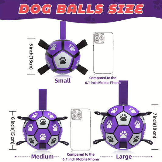Durable Rubber Dog Soccer Ball with Straps - Interactive Chew-Resistant Pet Toy for All Breed Sizes, Purple & Black with Paw Print Design, Indoor/Outdoor Play & Training, Dog Ball Toy, Large Surface Area