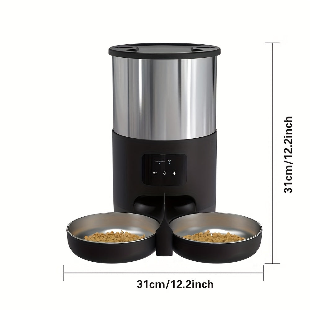 4.5L WiFi Double Meal Pet Feeder for Cats and Dogs, Automatic Food Dispenser Suitable for Small and Medium-Sized Pets, Stainless Steel Double Bowl Pet Feeder with Remote Control App Control (No 5V 1A Plug), Without Battery