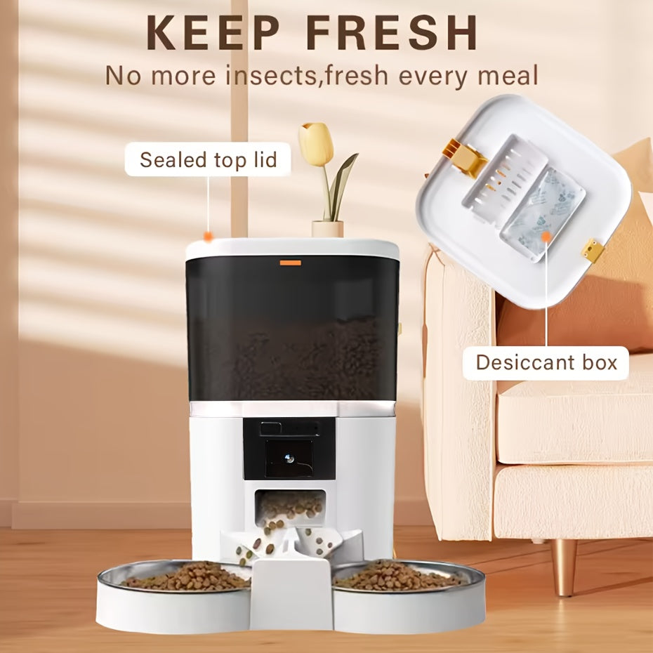 Smart Pet Feeder, Stainless Steel Dual Bowl for 2 Pets, Video Cat Automatic Feeder with Camera, Suitable for Small and Medium Cats and Dogs, 5V-USB Powered, Automatic Cat Food Dispenser, Automatic Cat Food Feeder, Automatic C