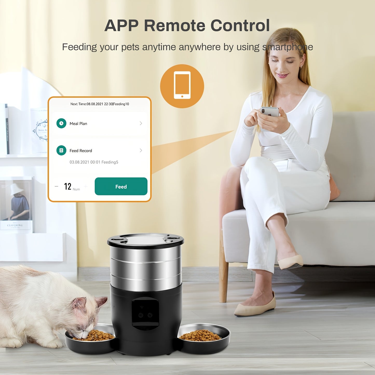 WiFi Enabled Large Capacity Pet Feeder - Automatic Stainless Steel Food Dispenser with Dual Bowls for Cats & Dogs, Remote Control via App, Ideal for Large Feeding Needs (No USB 5V/2A Plug), Pet Food Dispenser, Without Battery