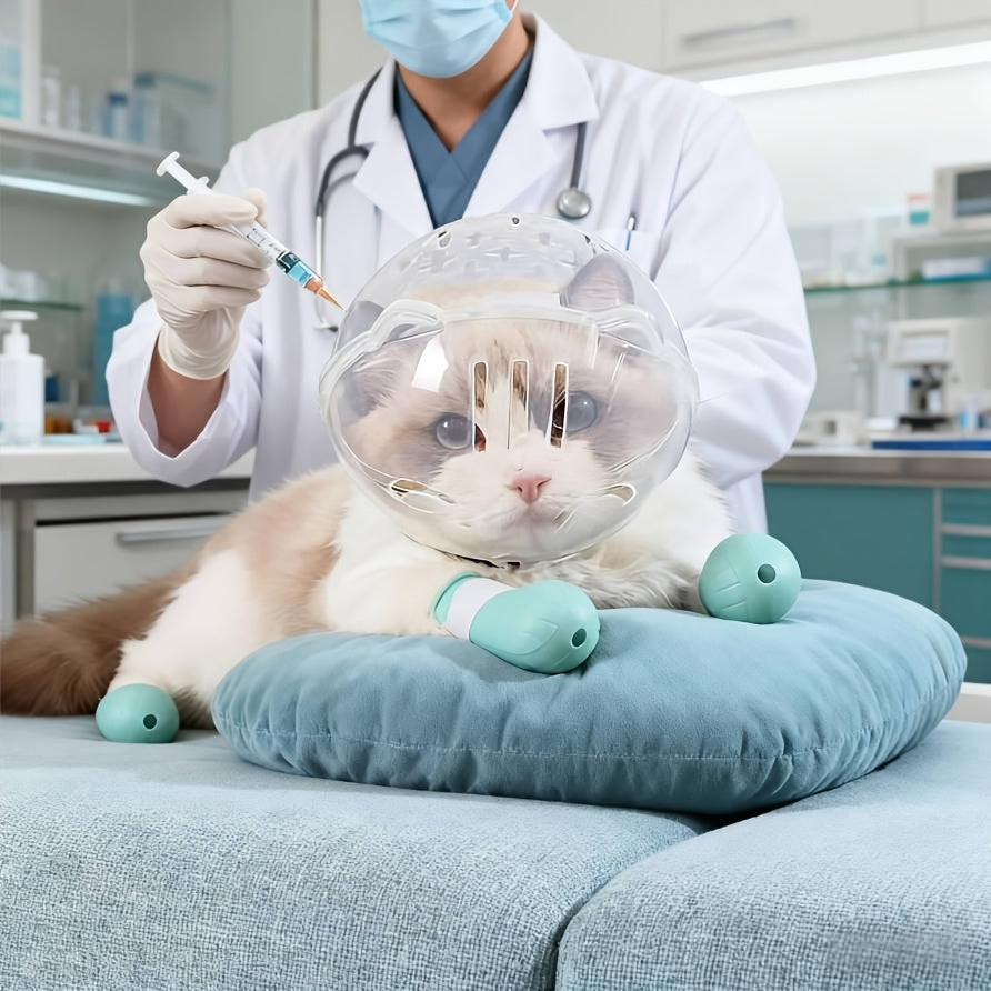 Cat beauty headgear set, transparent and breathable Elizabeth collar, including 1 headgear and 4 paw gear sets, cat anti-licking and biting headgear, specially designed for beauty and bathing, durable and reusable.