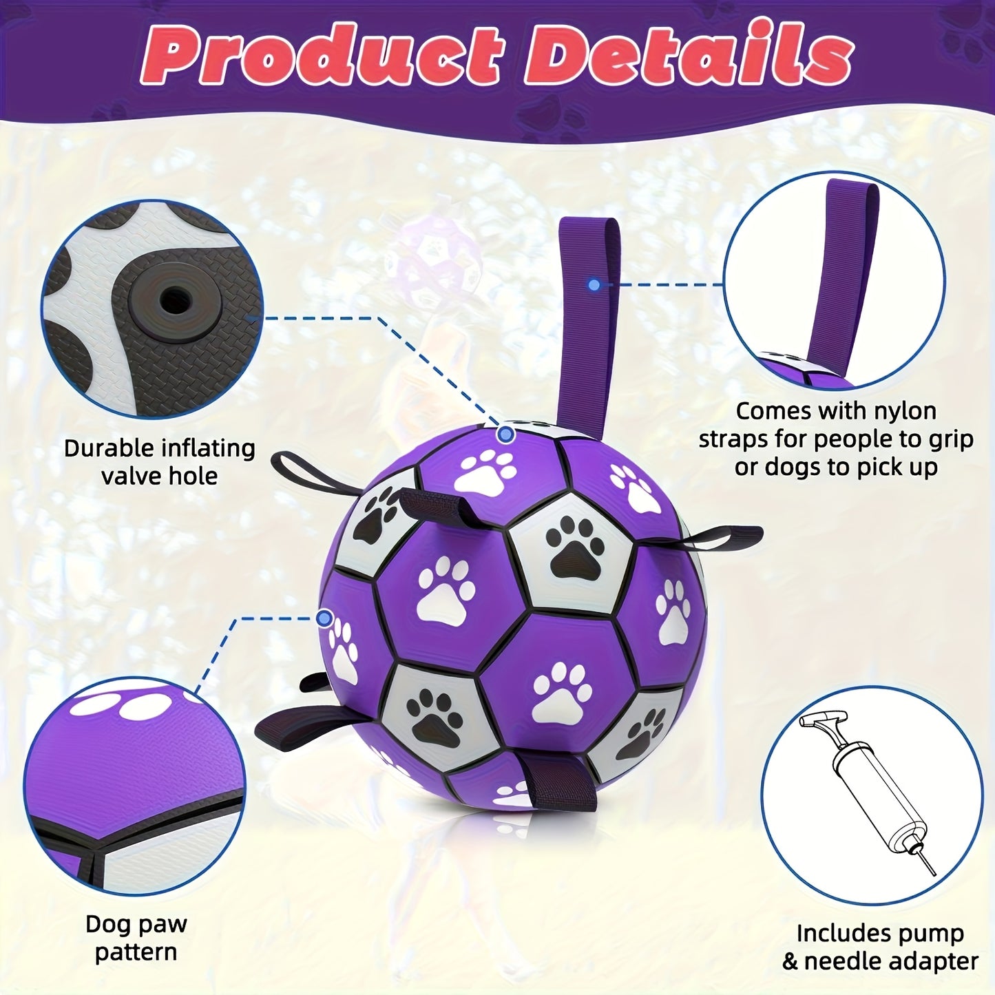 Durable Rubber Dog Soccer Ball with Straps - Interactive Chew-Resistant Pet Toy for All Breed Sizes, Purple & Black with Paw Print Design, Indoor/Outdoor Play & Training, Dog Ball Toy, Large Surface Area