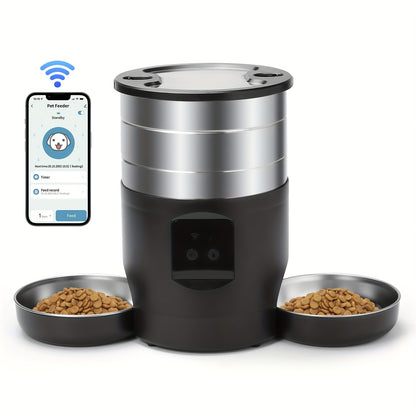 WiFi Enabled Large Capacity Pet Feeder - Automatic Stainless Steel Food Dispenser with Dual Bowls for Cats & Dogs, Remote Control via App, Ideal for Large Feeding Needs (No USB 5V/2A Plug), Pet Food Dispenser, Without Battery