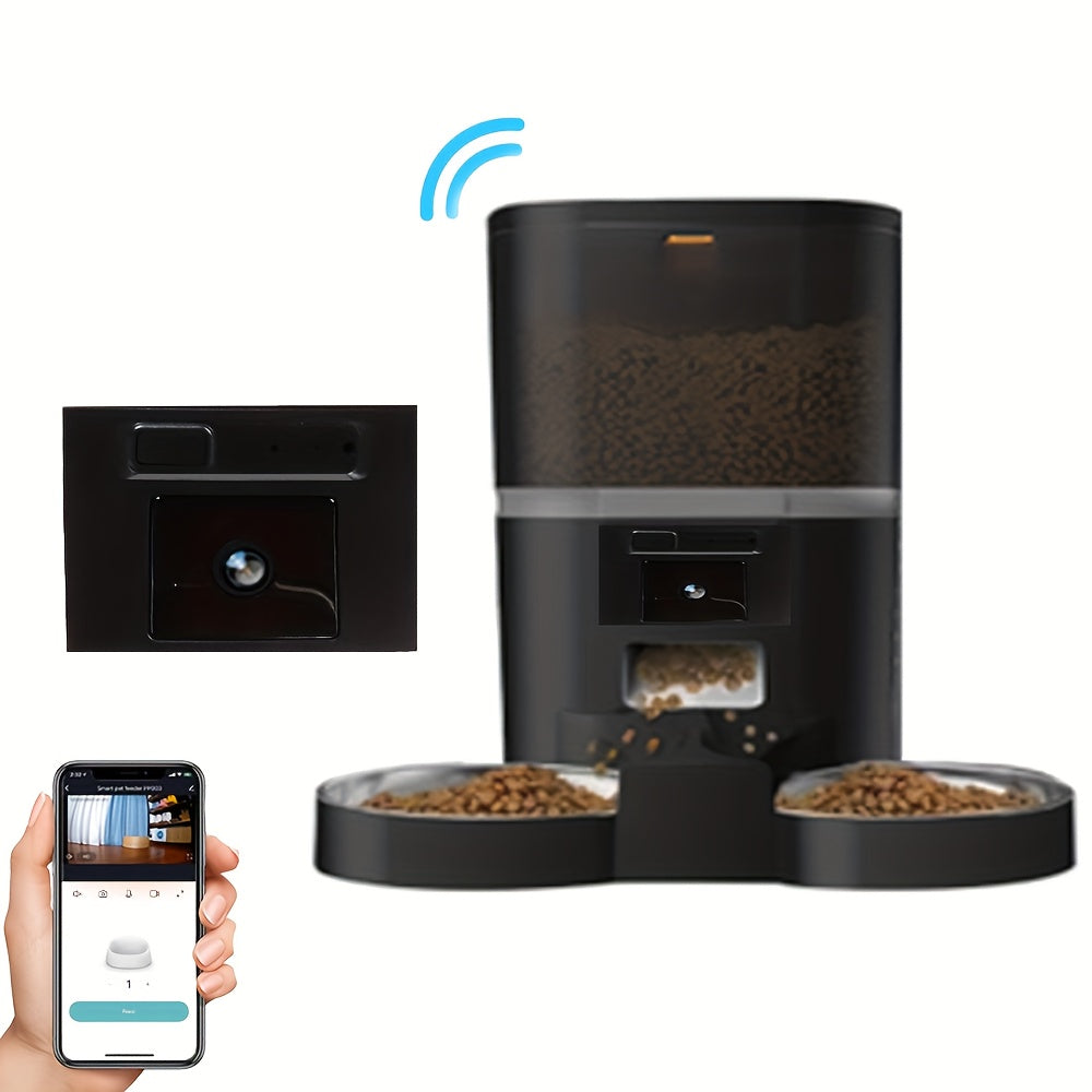 Smart Pet Feeder, Stainless Steel Dual Bowl for 2 Pets, Video Cat Automatic Feeder with Camera, Suitable for Small and Medium Cats and Dogs, 5V-USB Powered, Automatic Cat Food Dispenser, Automatic Cat Food Feeder, Automatic C
