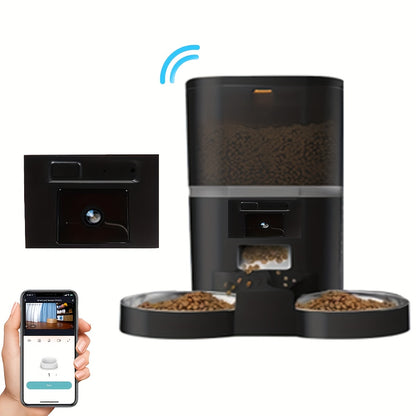 Smart Pet Feeder, Stainless Steel Dual Bowl for 2 Pets, Video Cat Automatic Feeder with Camera, Suitable for Small and Medium Cats and Dogs, 5V-USB Powered, Automatic Cat Food Dispenser, Automatic Cat Food Feeder, Automatic C