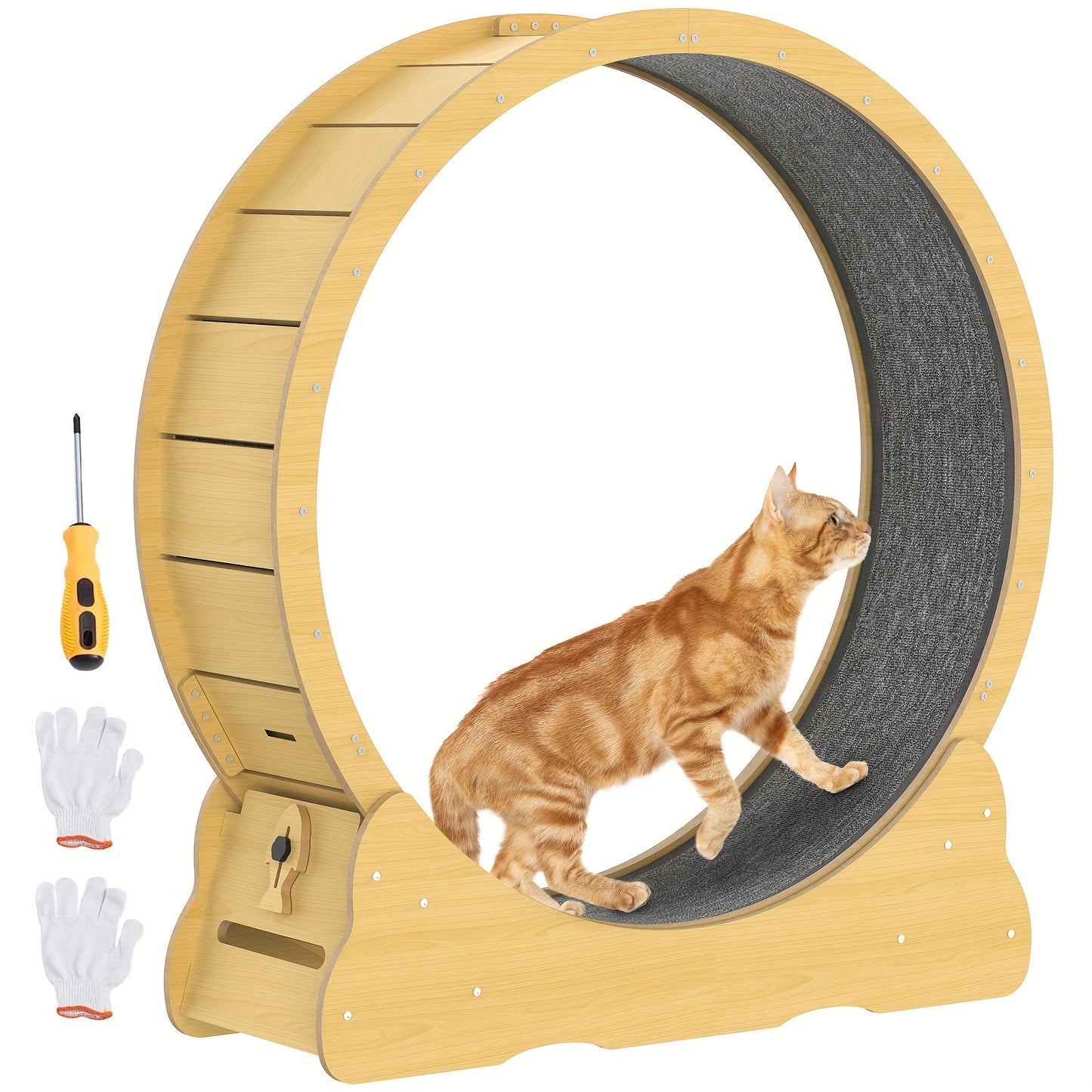 Large 91cm/100cm Cat Exercise Wheel - Recycled Wood Indoor Cat Treadmill with Silent Running Wheel, Detachable Carpeted Surface, Safety Lock & Adjustable Height - Sturdy Base for Stability, Ideal for Cats & Small Pets (Assemb