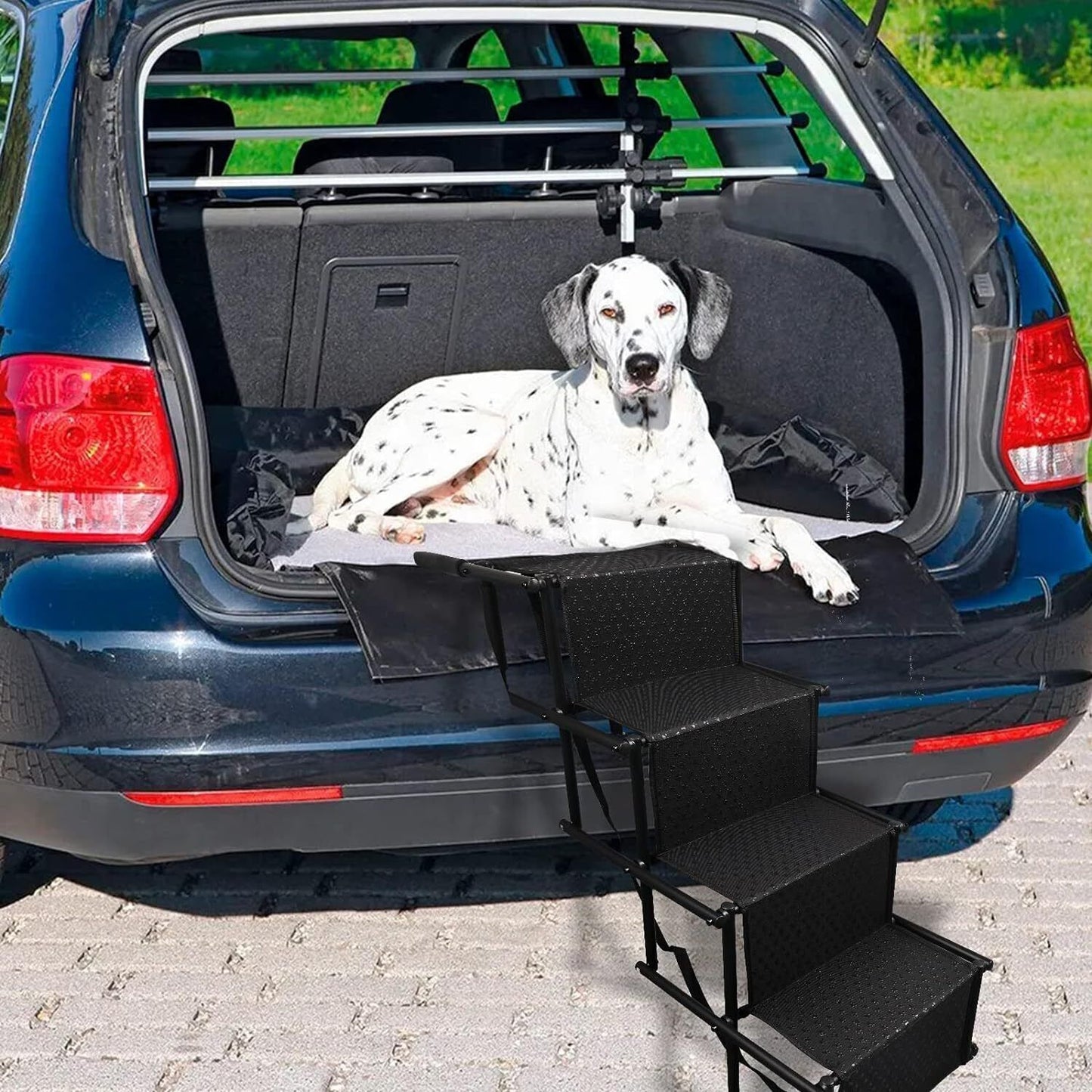 4-Step Folding Portable Dog & Cat Car Ramp - Adjustable Height, Non-Slip Anti-Skid Steps with Safety Tether, Foam Padded & Anti-Slip Rubber Feet for Easy Vehicle Access - Compact Storage for Travel