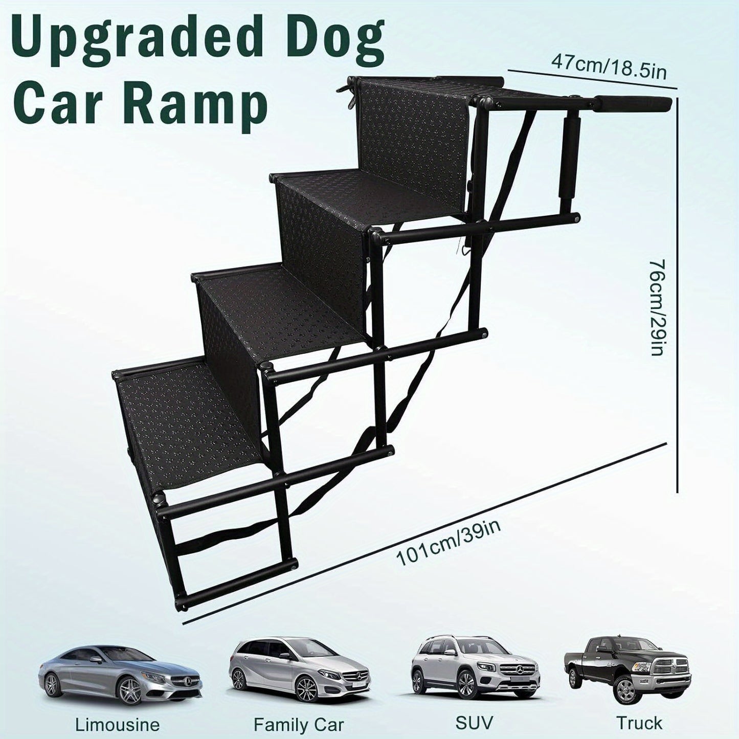 4-Step Folding Portable Dog & Cat Car Ramp - Adjustable Height, Non-Slip Anti-Skid Steps with Safety Tether, Foam Padded & Anti-Slip Rubber Feet for Easy Vehicle Access - Compact Storage for Travel