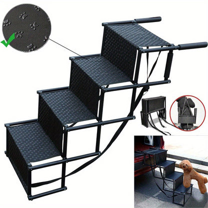 4-Step Folding Portable Dog & Cat Car Ramp - Adjustable Height, Non-Slip Anti-Skid Steps with Safety Tether, Foam Padded & Anti-Slip Rubber Feet for Easy Vehicle Access - Compact Storage for Travel