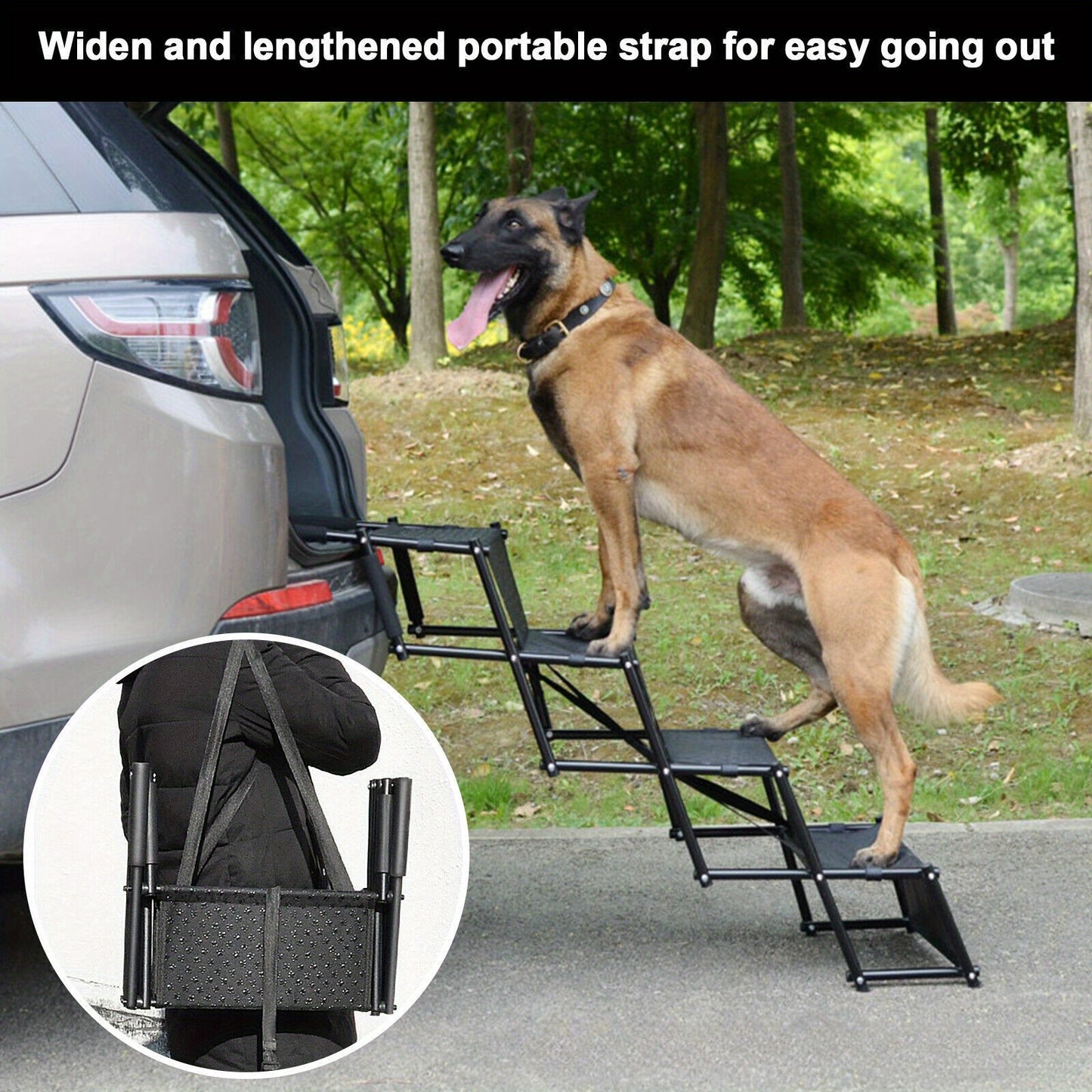 4-Step Folding Portable Dog & Cat Car Ramp - Adjustable Height, Non-Slip Anti-Skid Steps with Safety Tether, Foam Padded & Anti-Slip Rubber Feet for Easy Vehicle Access - Compact Storage for Travel