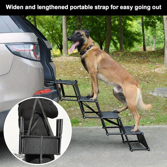 4-Step Folding Portable Dog & Cat Car Ramp - Adjustable Height, Non-Slip Anti-Skid Steps with Safety Tether, Foam Padded & Anti-Slip Rubber Feet for Easy Vehicle Access - Compact Storage for Travel