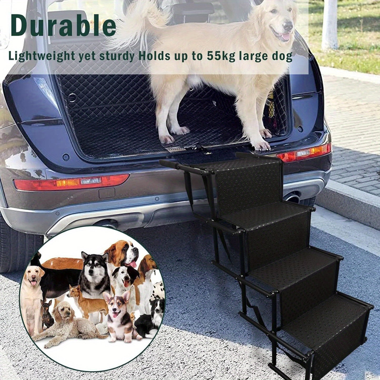 4-Step Folding Portable Dog & Cat Car Ramp - Adjustable Height, Non-Slip Anti-Skid Steps with Safety Tether, Foam Padded & Anti-Slip Rubber Feet for Easy Vehicle Access - Compact Storage for Travel