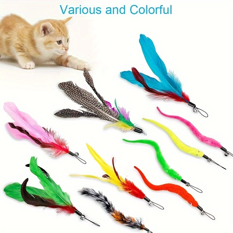 [Vibrant Cat Toy Set] 12pcs Vibrant & Durable Cat Toy Set | Interactive Feather Fishing Rods with Bell-Caterpillar Heads, Engaging Cat Play Sticks for Endless Fun