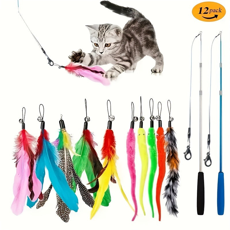 [Vibrant Cat Toy Set] 12pcs Vibrant & Durable Cat Toy Set | Interactive Feather Fishing Rods with Bell-Caterpillar Heads, Engaging Cat Play Sticks for Endless Fun