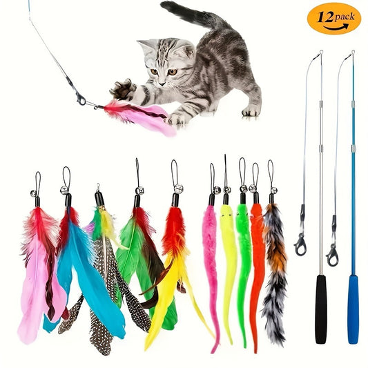 [Vibrant Cat Toy Set] 12pcs Vibrant & Durable Cat Toy Set | Interactive Feather Fishing Rods with Bell-Caterpillar Heads, Engaging Cat Play Sticks for Endless Fun