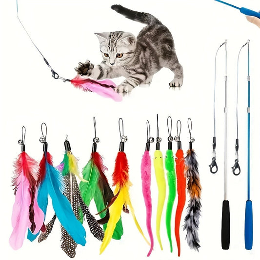 [Vibrant Cat Toy Set] 12pcs Vibrant & Durable Cat Toy Set | Interactive Feather Fishing Rods with Bell-Caterpillar Heads, Engaging Cat Play Sticks for Endless Fun