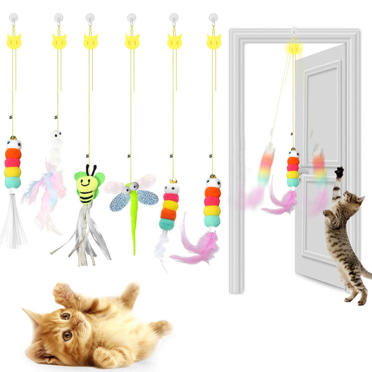 [Interactive Cat Squeaky Toy] 1 Interactive Cat Squeaky Toy, Random Color and Style, 1pc Delivery with Stretchable Spring Rope for Indoor Playtime. Features Artificial Feathers & Bell – Durble Nylon Hanging Doorway Kitten S