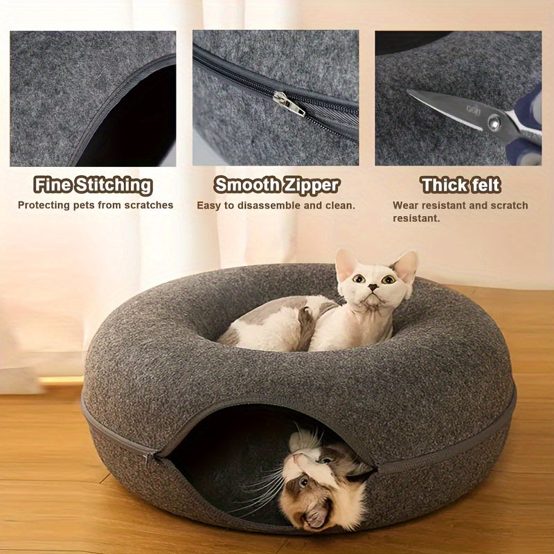 Cozy Donut-Shaped Cat Bed with Interactive Felt Tunnel – Soft Canvas Play and Training Toy for Small to Medium Cats, Ferrets, and Rabbits, Dual-Purpose Comfortable Hideaway in Gray or Multiple Colors, Kitten Bed