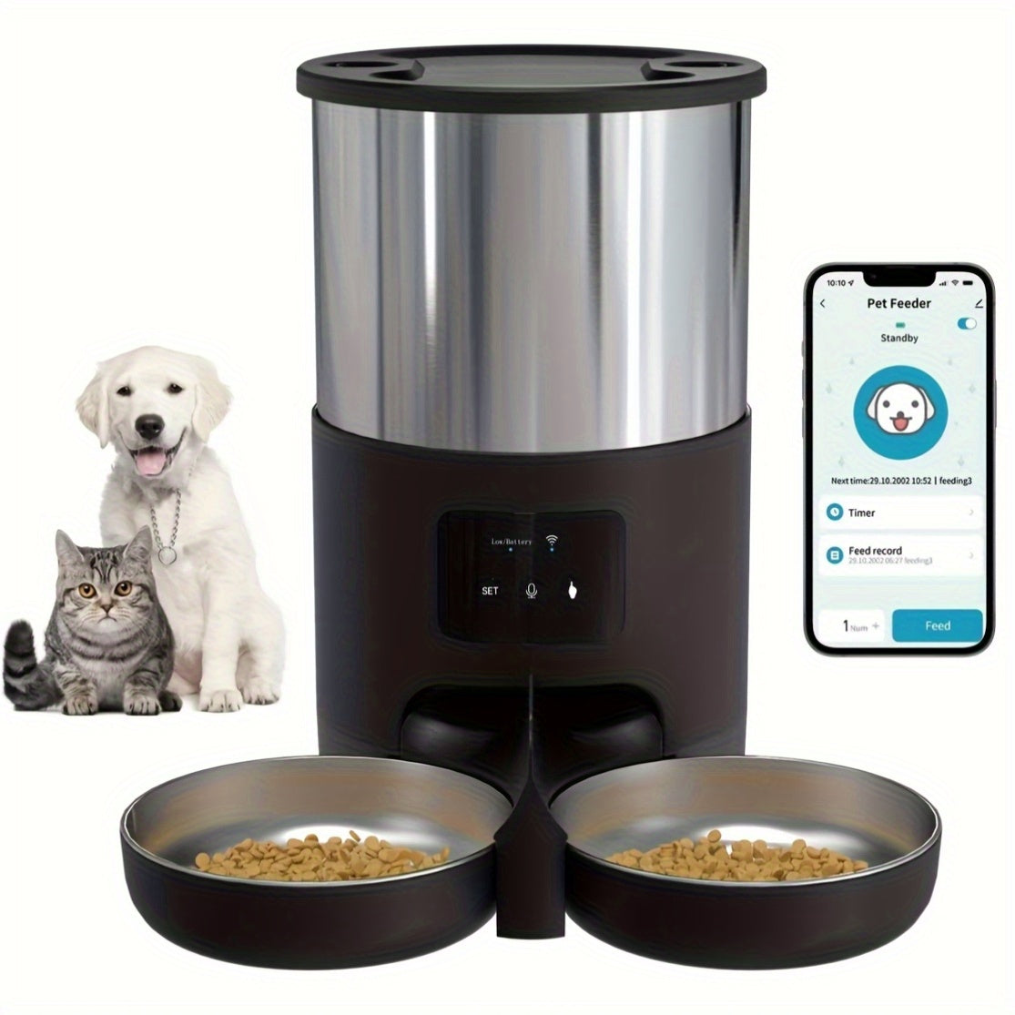 4.5L WiFi Double Meal Pet Feeder for Cats and Dogs, Automatic Food Dispenser Suitable for Small and Medium-Sized Pets, Stainless Steel Double Bowl Pet Feeder with Remote Control App Control (No 5V 1A Plug), Without Battery