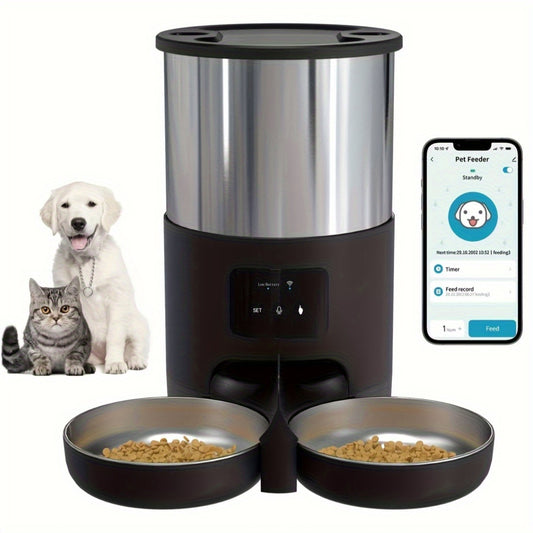 4.5L WiFi Double Meal Pet Feeder for Cats and Dogs, Automatic Food Dispenser Suitable for Small and Medium-Sized Pets, Stainless Steel Double Bowl Pet Feeder with Remote Control App Control (No 5V 1A Plug), Without Battery