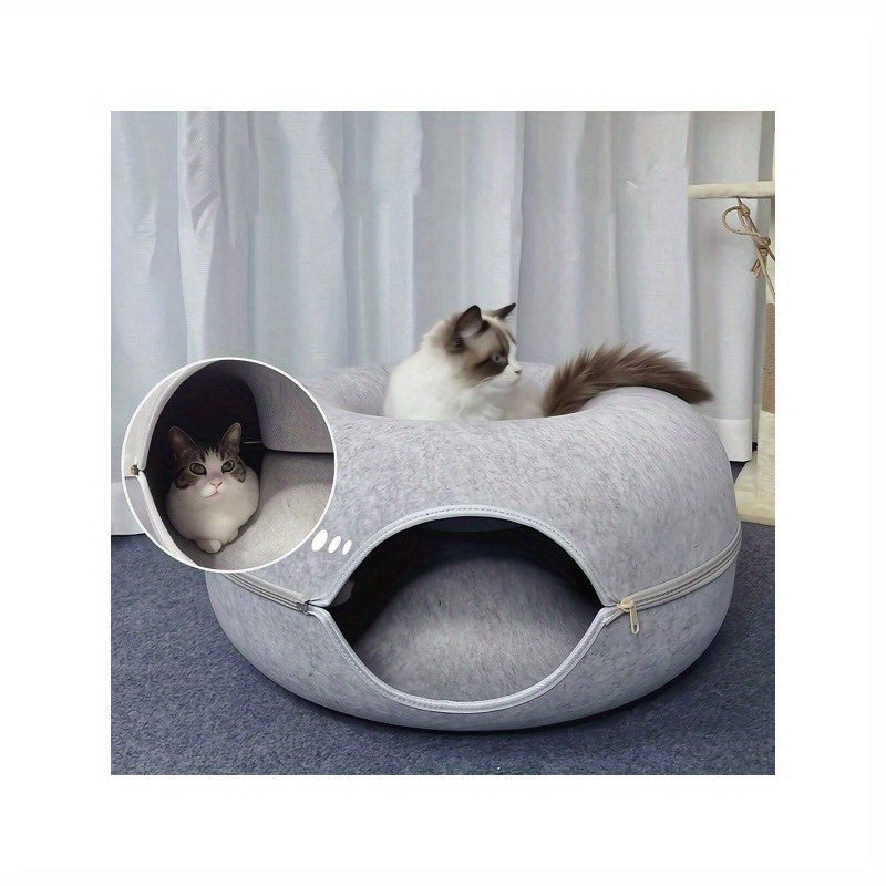 Cozy Donut-Shaped Cat Bed with Interactive Felt Tunnel – Soft Canvas Play and Training Toy for Small to Medium Cats, Ferrets, and Rabbits, Dual-Purpose Comfortable Hideaway in Gray or Multiple Colors, Kitten Bed