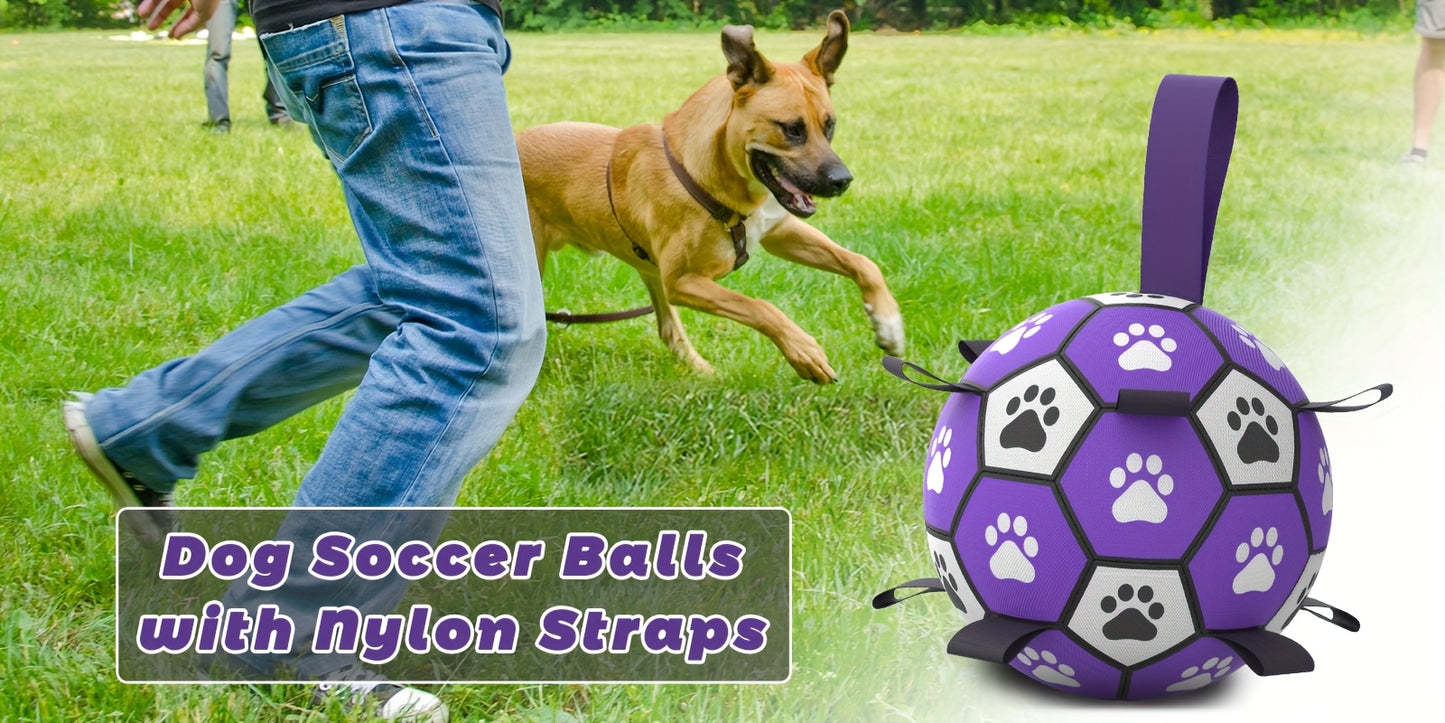 Durable Rubber Dog Soccer Ball with Straps - Interactive Chew-Resistant Pet Toy for All Breed Sizes, Purple & Black with Paw Print Design, Indoor/Outdoor Play & Training, Dog Ball Toy, Large Surface Area