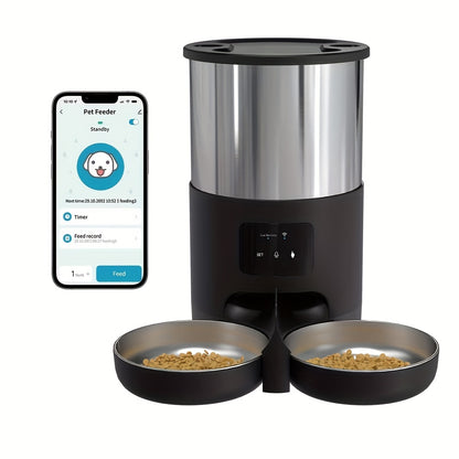 4.5L WiFi Double Meal Pet Feeder for Cats and Dogs, Automatic Food Dispenser Suitable for Small and Medium-Sized Pets, Stainless Steel Double Bowl Pet Feeder with Remote Control App Control (No 5V 1A Plug), Without Battery