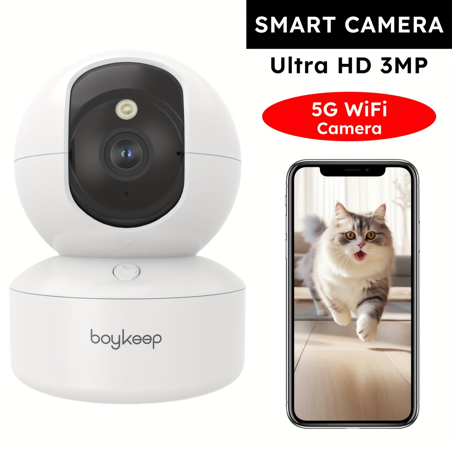 BoyKeep 5g/2.4ghz WiFi Smart Camera, 2K High-definition Indoor Safety Monitor, Special Safety Camera For Babies And Pets, 360° Panoramic Surveillance Video, Night Vision, Two-way Calls, Memory Card And Cloud Storage, K30