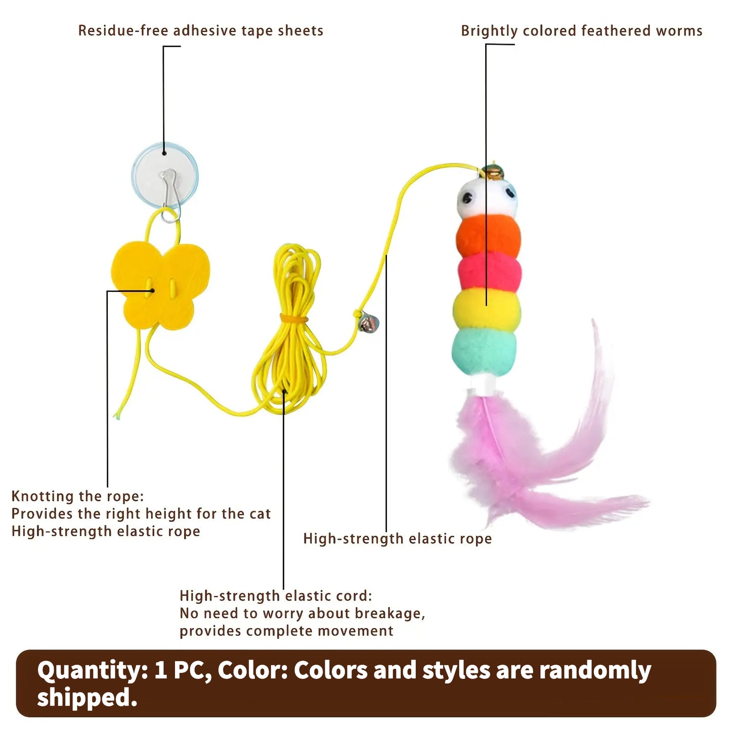 [Interactive Cat Squeaky Toy] 1 Interactive Cat Squeaky Toy, Random Color and Style, 1pc Delivery with Stretchable Spring Rope for Indoor Playtime. Features Artificial Feathers & Bell – Durble Nylon Hanging Doorway Kitten S