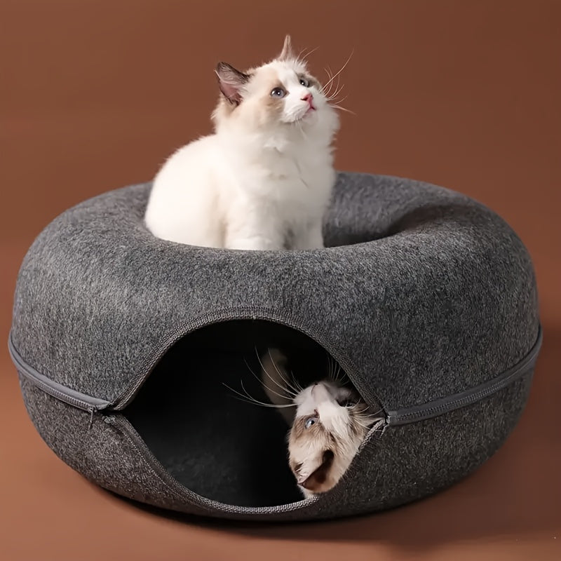 Cozy Donut-Shaped Cat Bed with Interactive Felt Tunnel – Soft Canvas Play and Training Toy for Small to Medium Cats, Ferrets, and Rabbits, Dual-Purpose Comfortable Hideaway in Gray or Multiple Colors, Kitten Bed