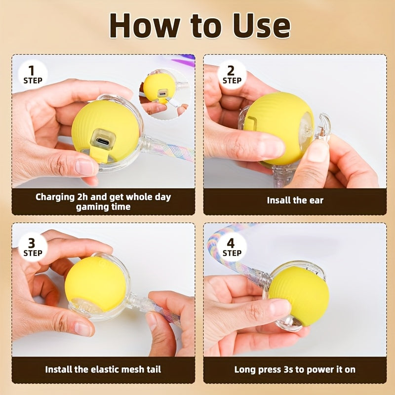 MIAOQUANJI Interactive Rolling Cat Ball Toy - USB Rechargeable Electric Cat Toy with Elastic Net Tail, Quick Self-rolling Design for All Breeds, Pink & Multicolor Options, Smart Automatic Pet Toy for Indoor Fun & Gifting, Cat