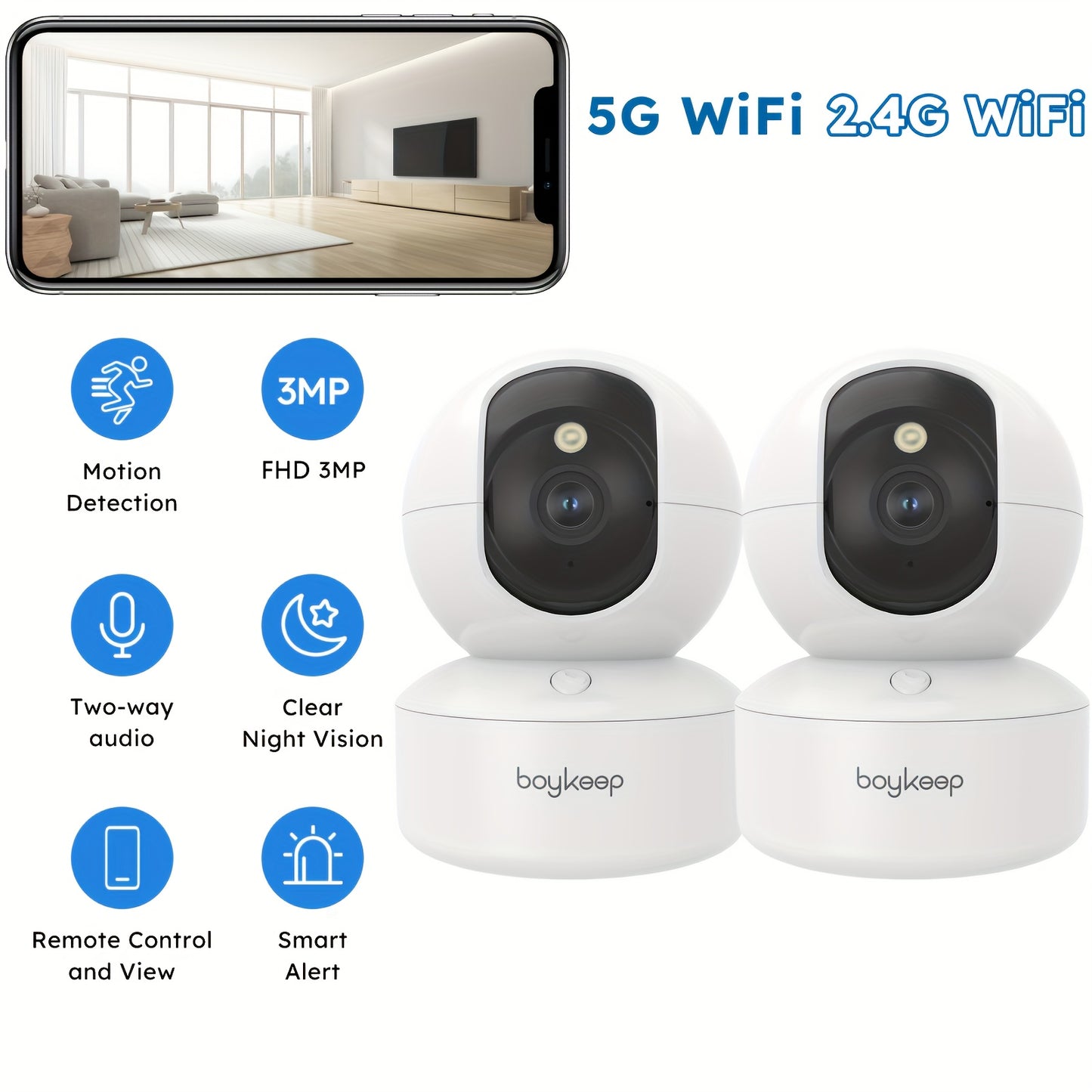2PCS BoyKeep 5g/2.4ghz WiFi Smart Camera, High-definition Indoor Safety Monitor, Special Safety Camera For Babies And Pets, 360° Panoramic Surveillance Video, Night Vision, Two-way Calls, Memory Card And Cloud Storage, K30