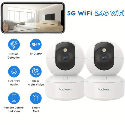 2PCS BoyKeep 5g/2.4ghz WiFi Smart Camera, High-definition Indoor Safety Monitor, Special Safety Camera For Babies And Pets, 360° Panoramic Surveillance Video, Night Vision, Two-way Calls, Memory Card And Cloud Storage, K30