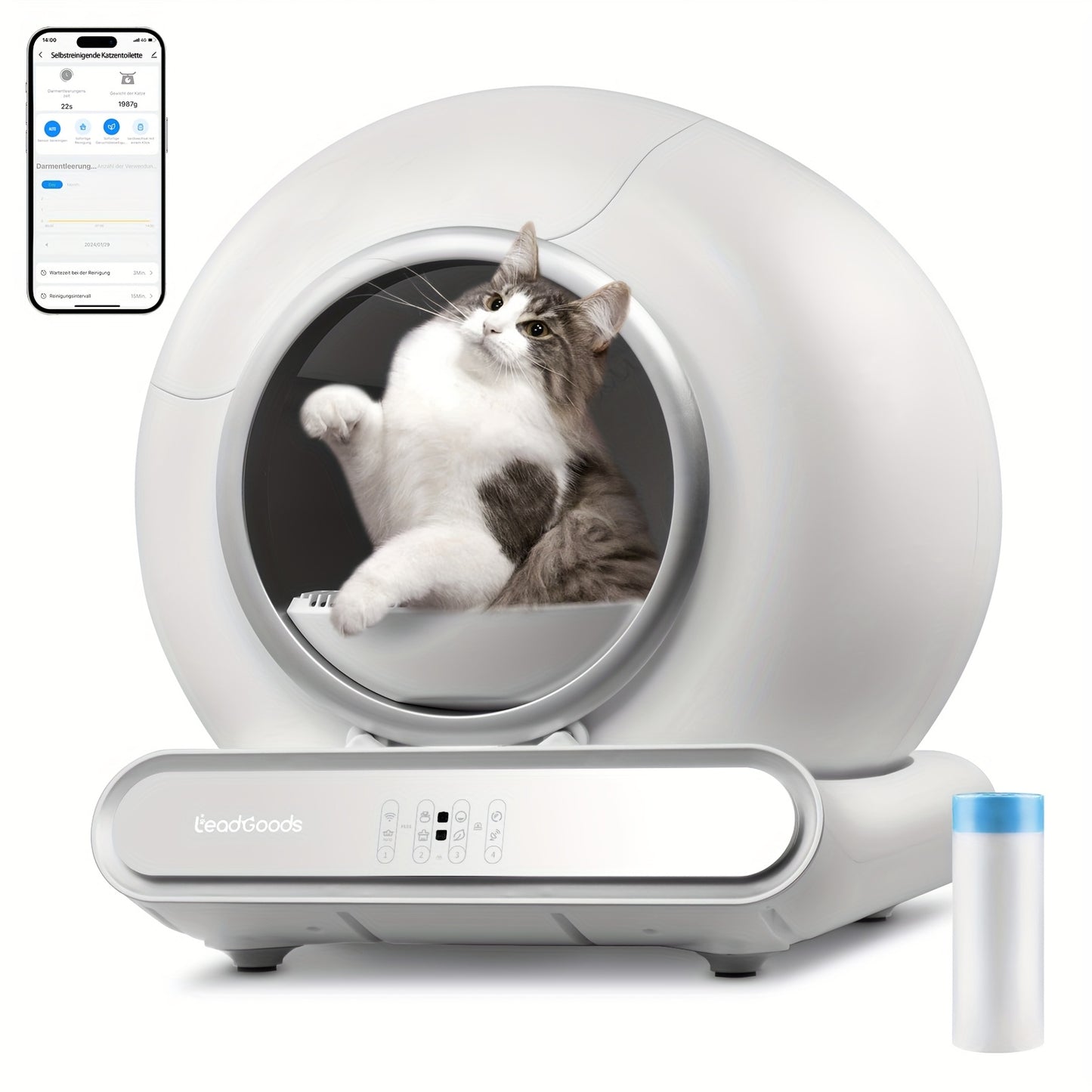 65L+9L Large Capacity Self-Cleaning Cat Litter Box With Digital Timer & Remote Control, Automatic Robot Litter Box For Multiple Cats, Ultra-Clean ABS Design, Includes 1 Rolls Of Leak-Proof Bags, Without Battery