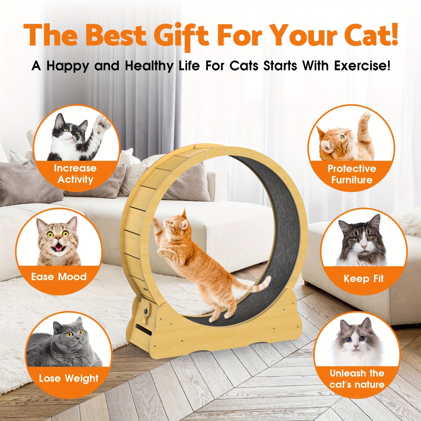Large 91cm/100cm Cat Exercise Wheel - Recycled Wood Indoor Cat Treadmill with Silent Running Wheel, Detachable Carpeted Surface, Safety Lock & Adjustable Height - Sturdy Base for Stability, Ideal for Cats & Small Pets (Assemb