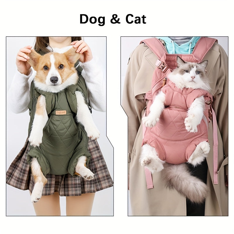 Adjustable Quilted Pet Carrier Backpack for Small to Medium Dogs - Cozy Fleece-Lined, Hands-Free Front Legs Out Chest Carrier with Zip Closure, Ideal for Hiking & Cycling - Available in Black, Beige, Pink, Gray, Olive Green,