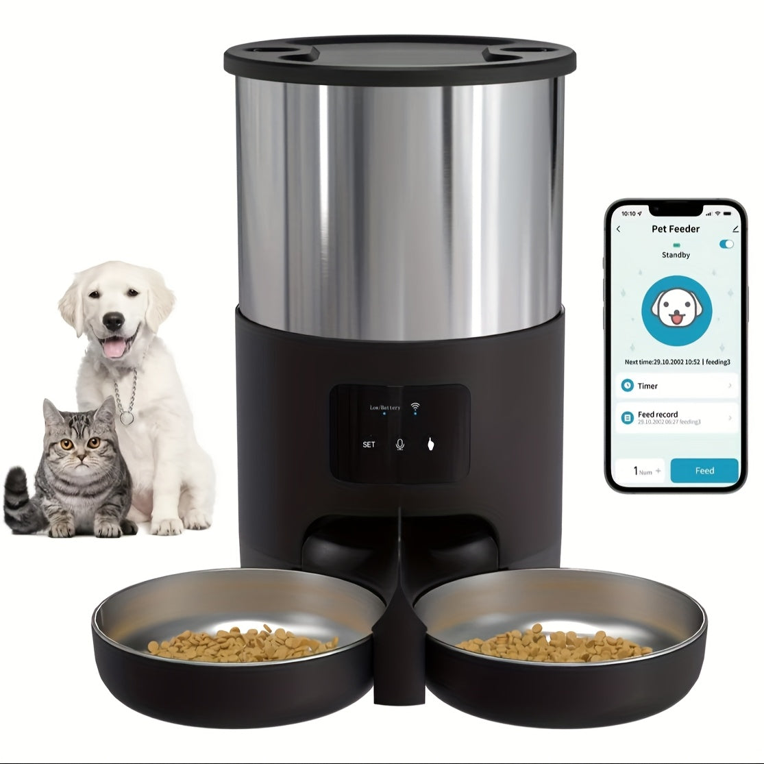4.5L WiFi Double Meal Pet Feeder for Cats and Dogs, Automatic Food Dispenser Suitable for Small and Medium-Sized Pets, Stainless Steel Double Bowl Pet Feeder with Remote Control App Control (No 5V 1A Plug), Without Battery