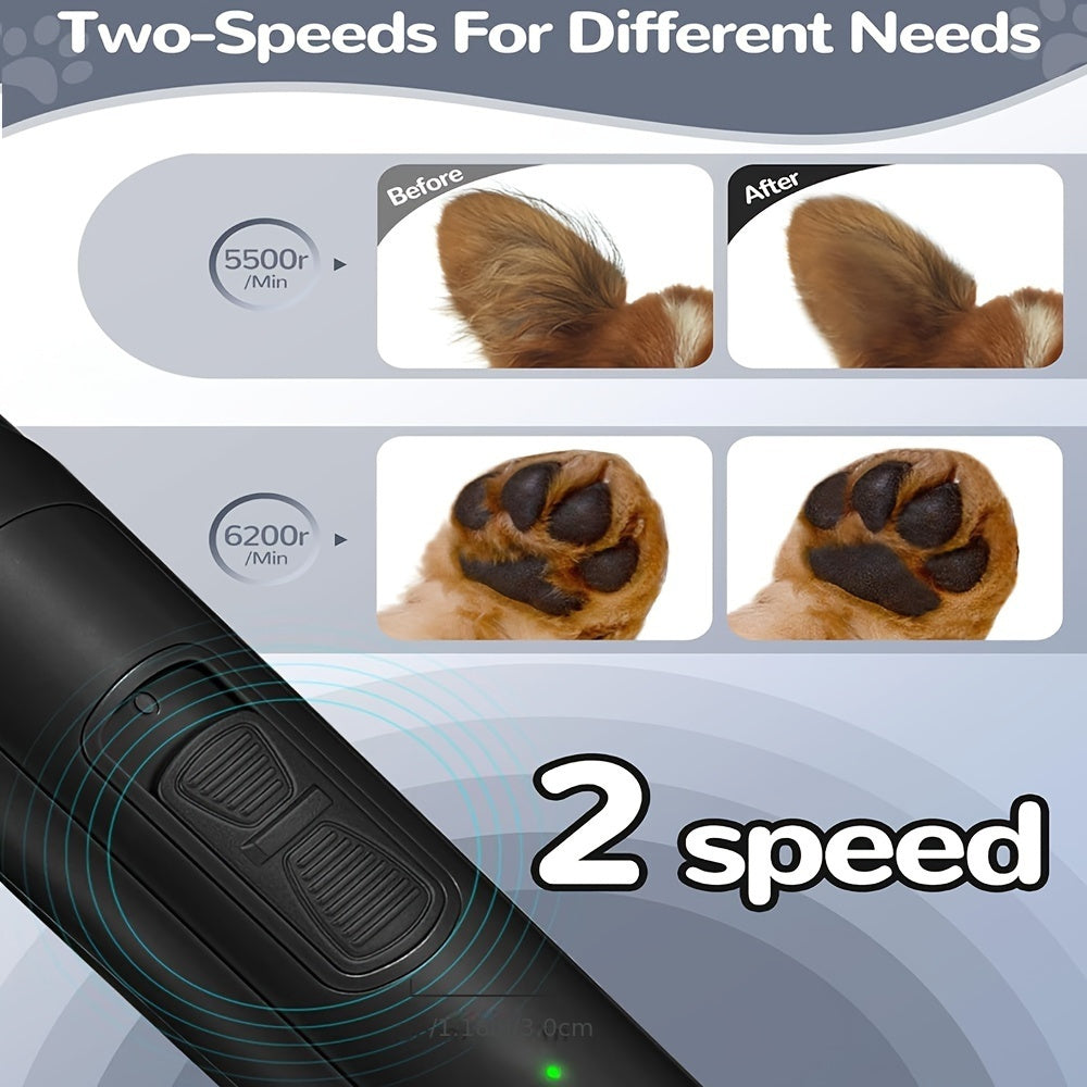 2-Speed Low Noise Cordless Dog & Cat Grooming Clippers - Rechargeable Pet Hair Trimmer for Paws, Eyes, Ears, Face & Rump with LED Light, Ergonomic Design & Attachments (White, Black)