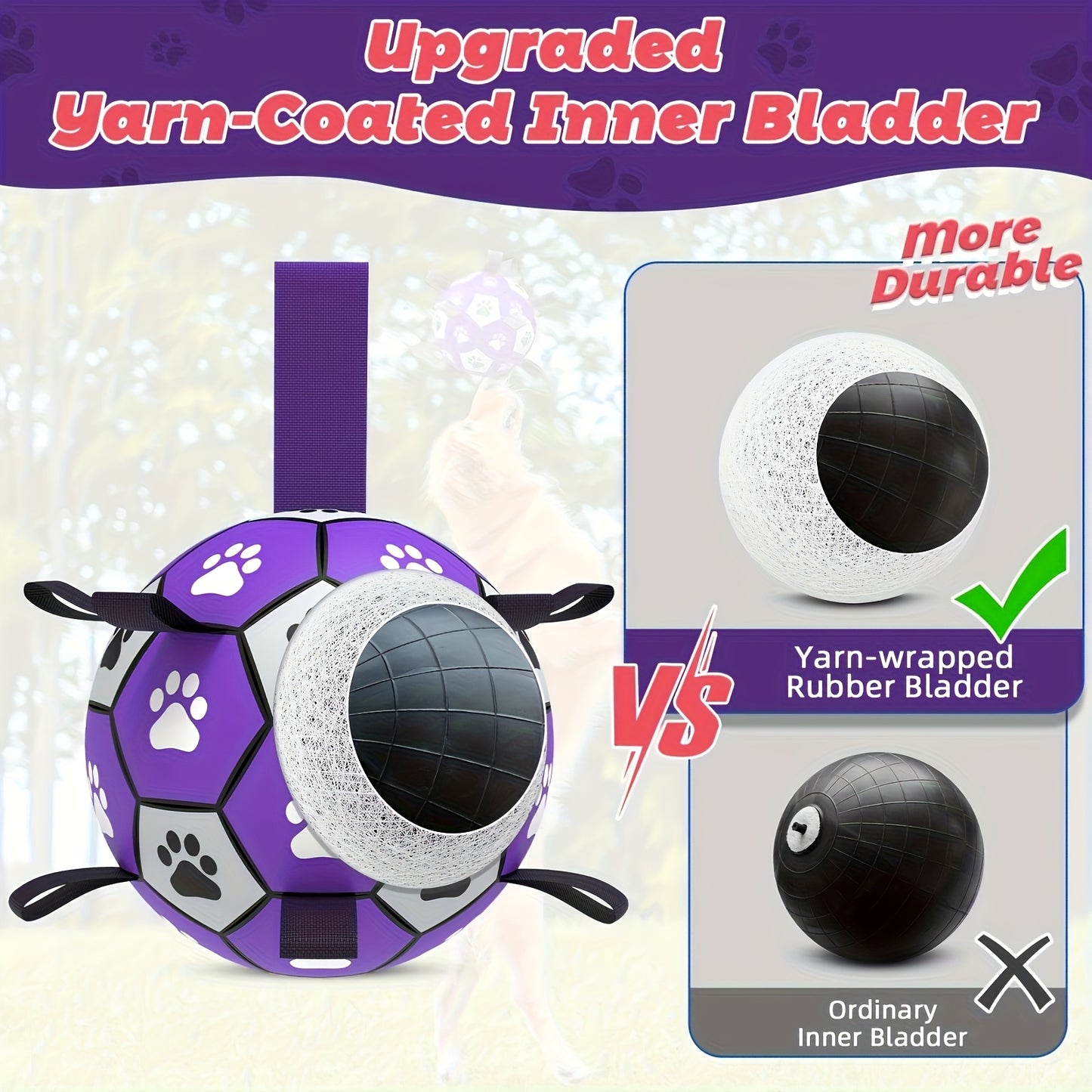 Durable Rubber Dog Soccer Ball with Straps - Interactive Chew-Resistant Pet Toy for All Breed Sizes, Purple & Black with Paw Print Design, Indoor/Outdoor Play & Training, Dog Ball Toy, Large Surface Area