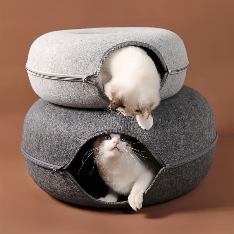 Cozy Donut-Shaped Cat Bed with Interactive Felt Tunnel – Soft Canvas Play and Training Toy for Small to Medium Cats, Ferrets, and Rabbits, Dual-Purpose Comfortable Hideaway in Gray or Multiple Colors, Kitten Bed