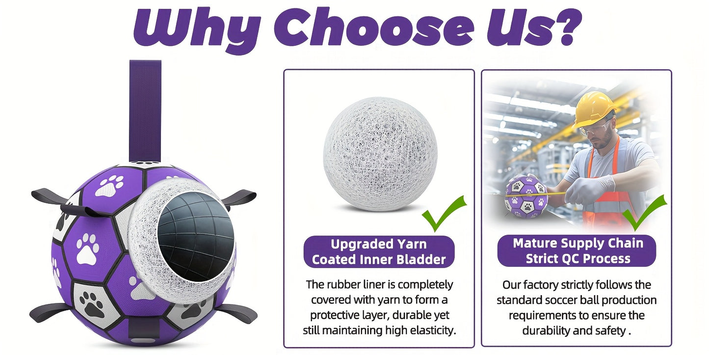 Durable Rubber Dog Soccer Ball with Straps - Interactive Chew-Resistant Pet Toy for All Breed Sizes, Purple & Black with Paw Print Design, Indoor/Outdoor Play & Training, Dog Ball Toy, Large Surface Area