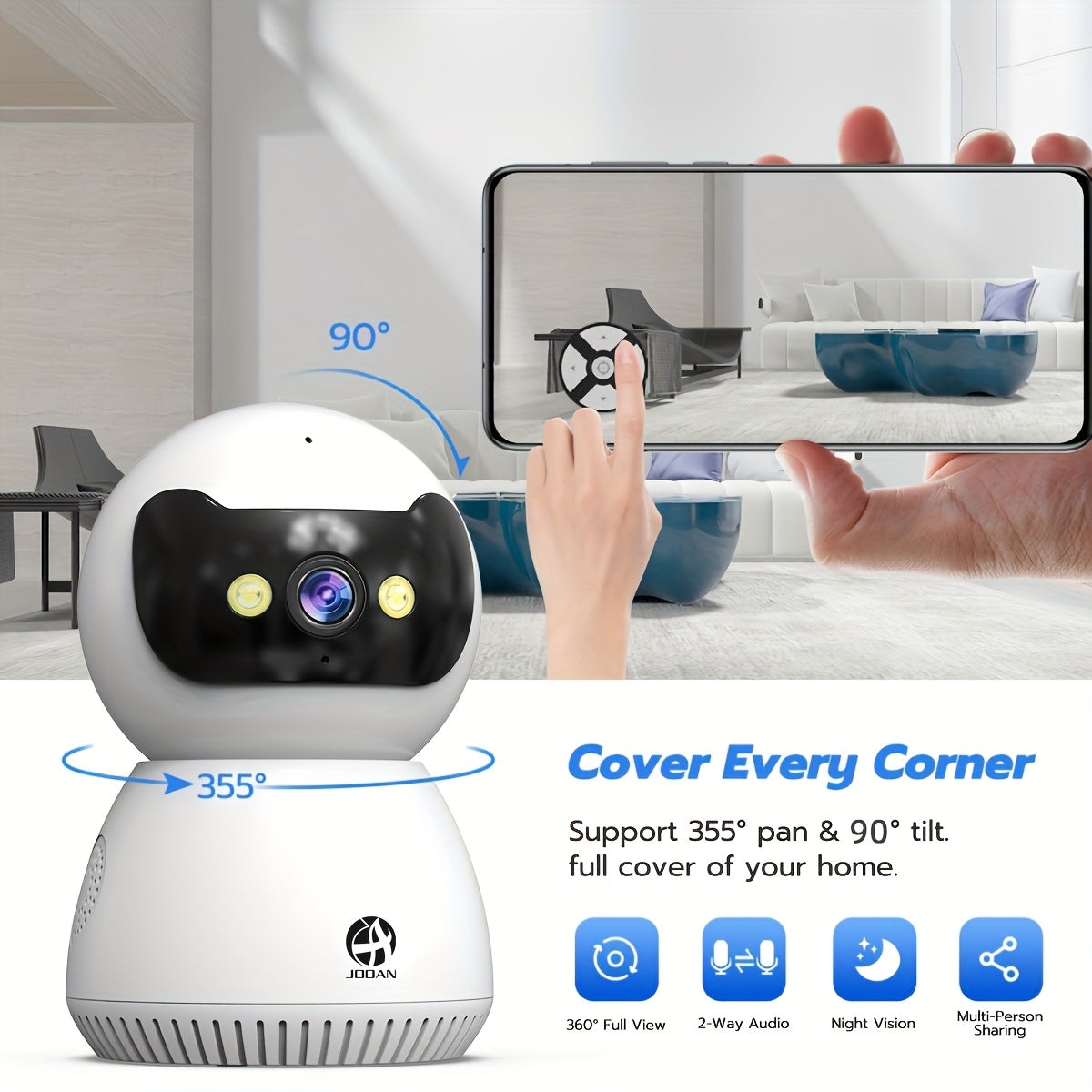 JOOAN 1080P HD Smart Security Camera with Two-Way Talk, Night Vision, PTZ Pan/Tilt/Zoom, Motion Detection & Tracking, - Camera for /Pet Monitor, App Control, Compatible with / (Wall-Mountable)