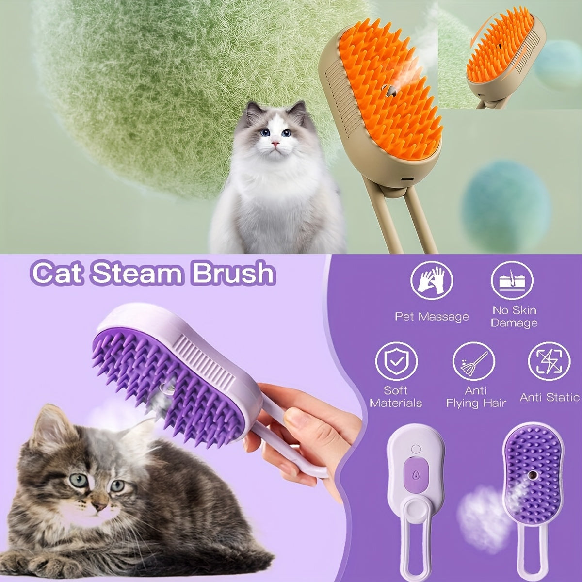 2pcs Pet Spritz Comb, 3-In-1 Cat Steam Brush, USB Charging Convenience, 360° Rotating Pet Steam Brush for Cats and Dogs, Cat Brush, Pet Cleaning, Easytouse Comb, Petsafe Material, Grooming Comb, Cat Lovers, Pet Owners