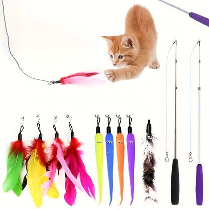 [Vibrant Cat Toy Set] 12pcs Vibrant & Durable Cat Toy Set | Interactive Feather Fishing Rods with Bell-Caterpillar Heads, Engaging Cat Play Sticks for Endless Fun