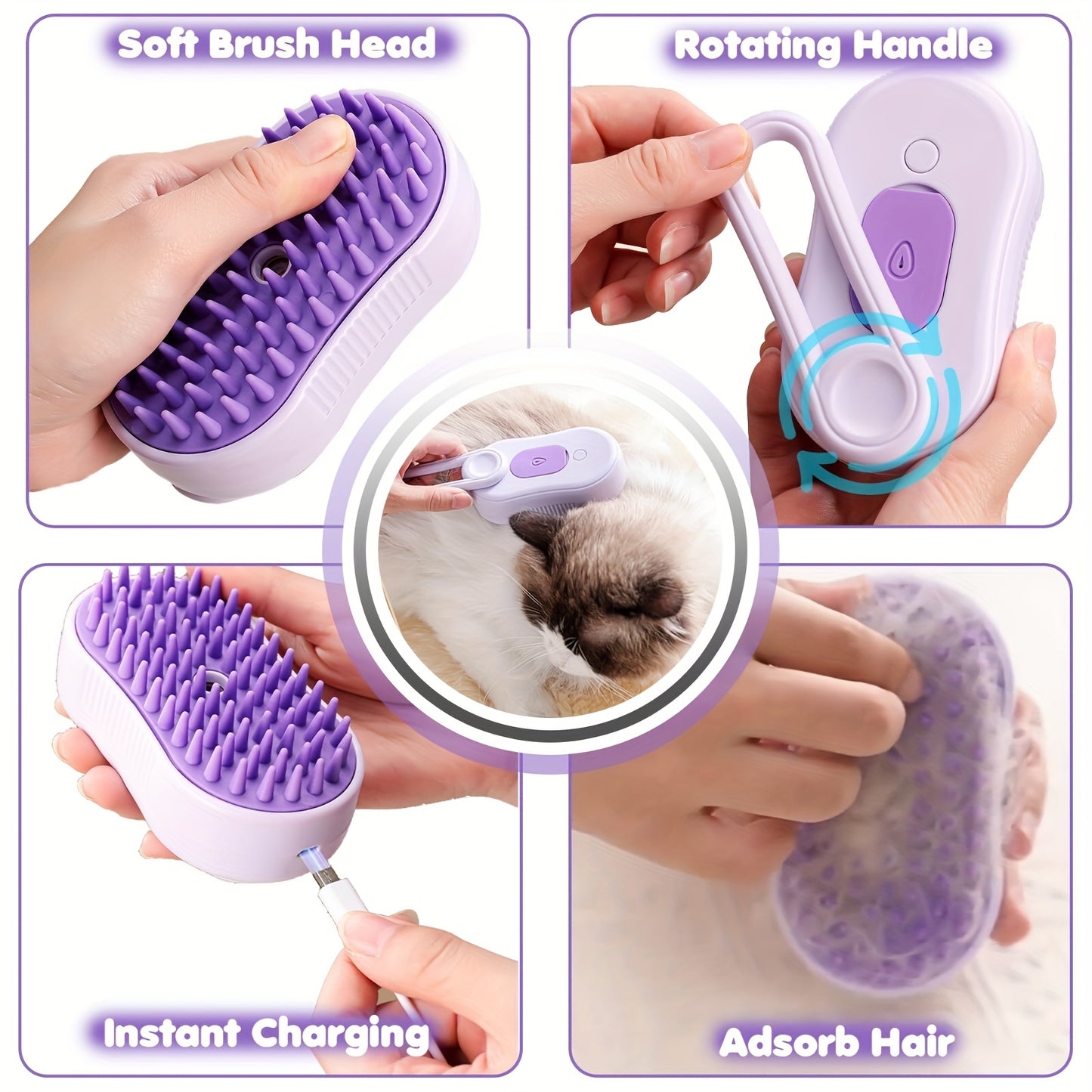 2pcs Pet Spritz Comb, 3-In-1 Cat Steam Brush, USB Charging Convenience, 360° Rotating Pet Steam Brush for Cats and Dogs, Cat Brush, Pet Cleaning, Easytouse Comb, Petsafe Material, Grooming Comb, Cat Lovers, Pet Owners