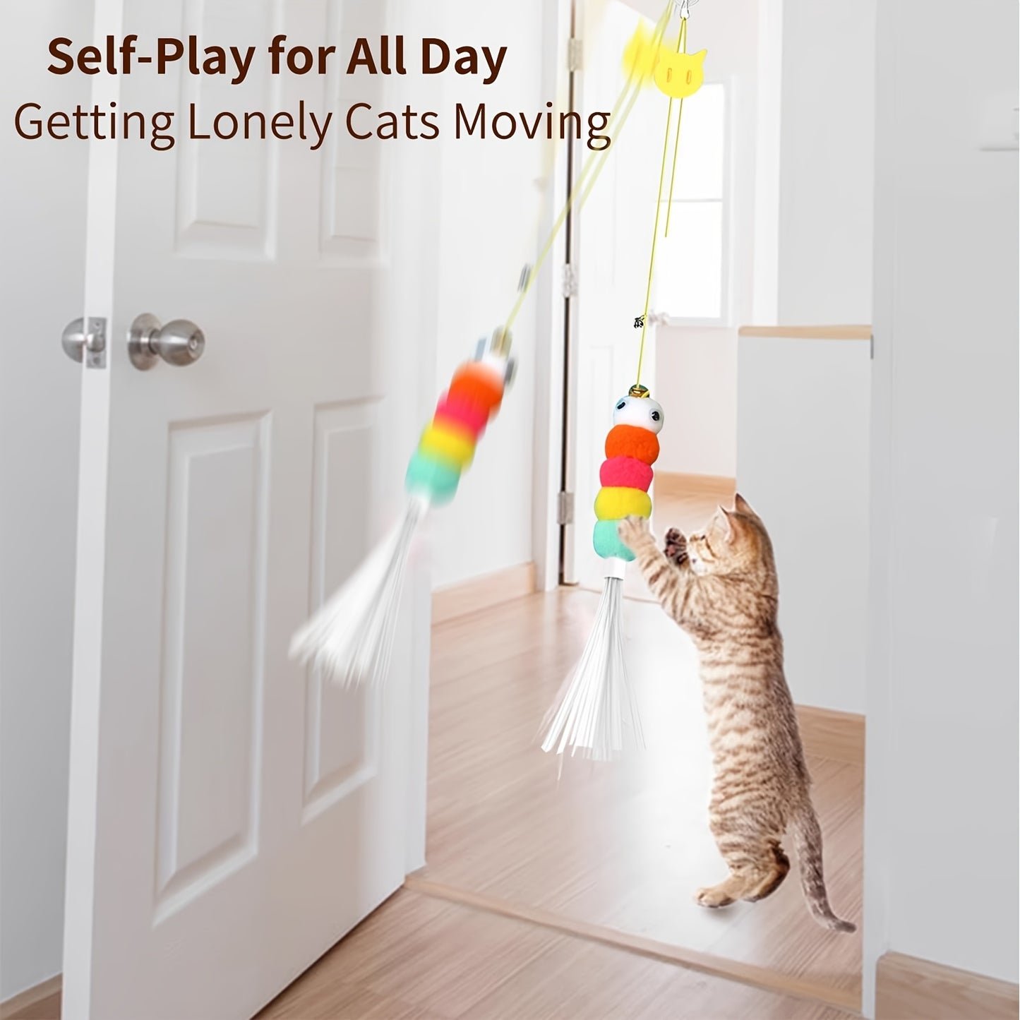 [Interactive Cat Squeaky Toy] 1 Interactive Cat Squeaky Toy, Random Color and Style, 1pc Delivery with Stretchable Spring Rope for Indoor Playtime. Features Artificial Feathers & Bell – Durble Nylon Hanging Doorway Kitten S